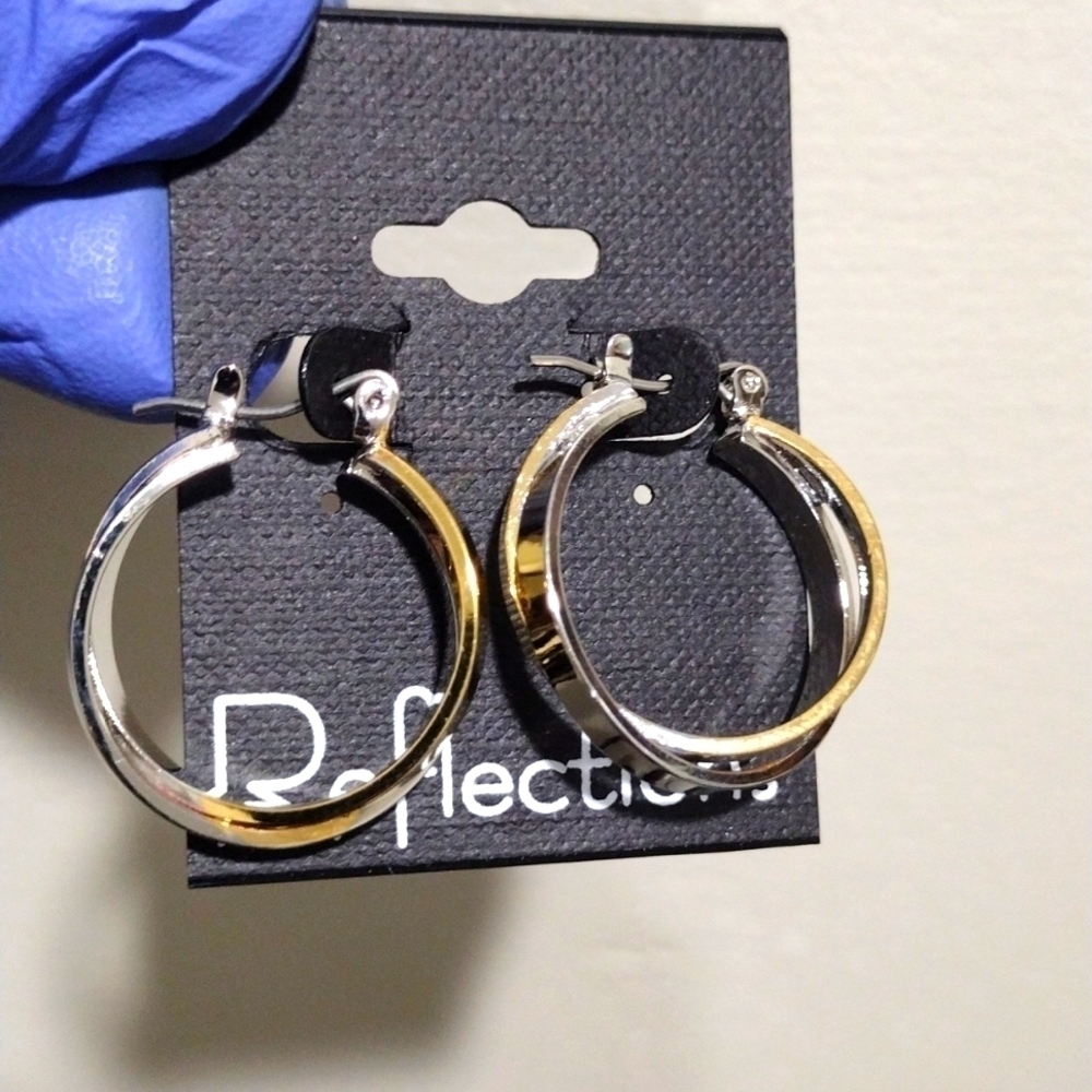 Women's Stunning Two tones Silver and gold Crossing Hoop Design Earrings